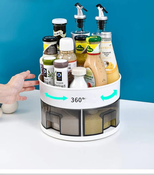 360° Rotating Kitchen Storage Rack Multifunctional Acrylic Spice & Cutlery Organizer with Metal Stand