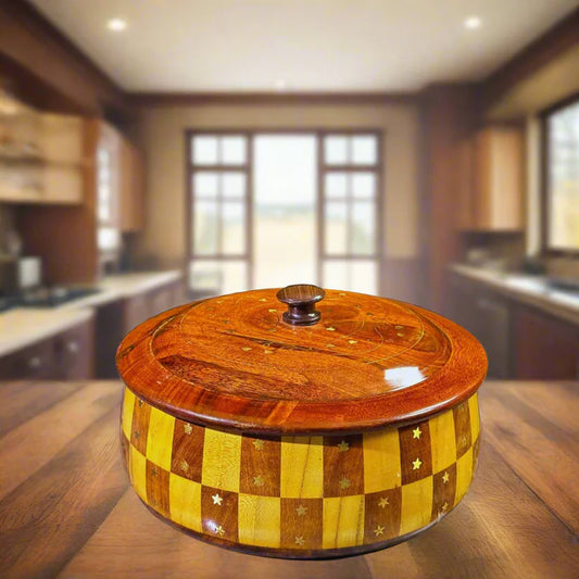 WOODSY Handcrafted 12-Inch Tukri Wooden Hotpot with Brass Detailing