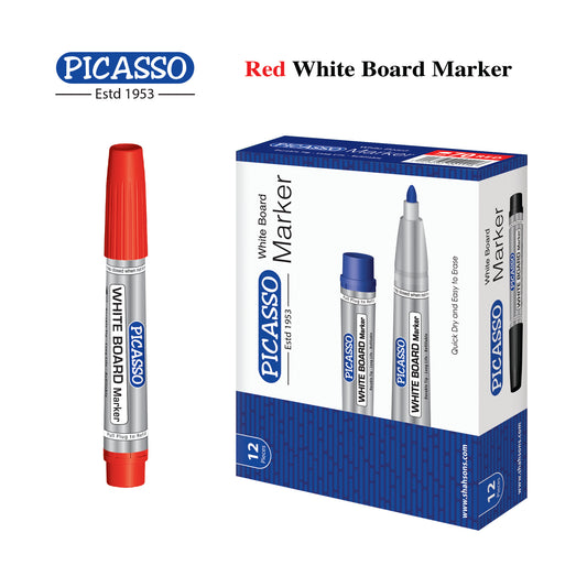 Picasso High Quality White Board Marker 12 Pcs in Cardboard Box - Available in 4 Ink Colours Blue, Black Red and Green