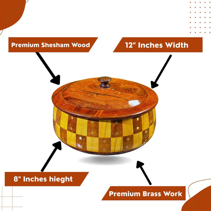 WOODSY Handcrafted 12-Inch Tukri Wooden Hotpot with Brass Detailing