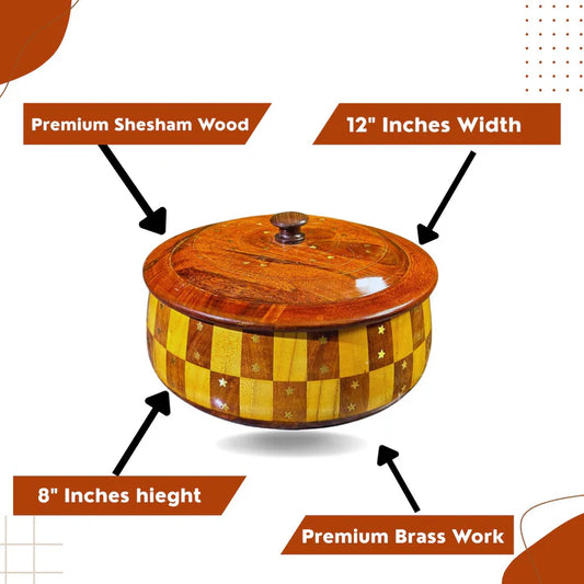 WOODSY Handcrafted 12-Inch Tukri Wooden Hotpot with Brass Detailing