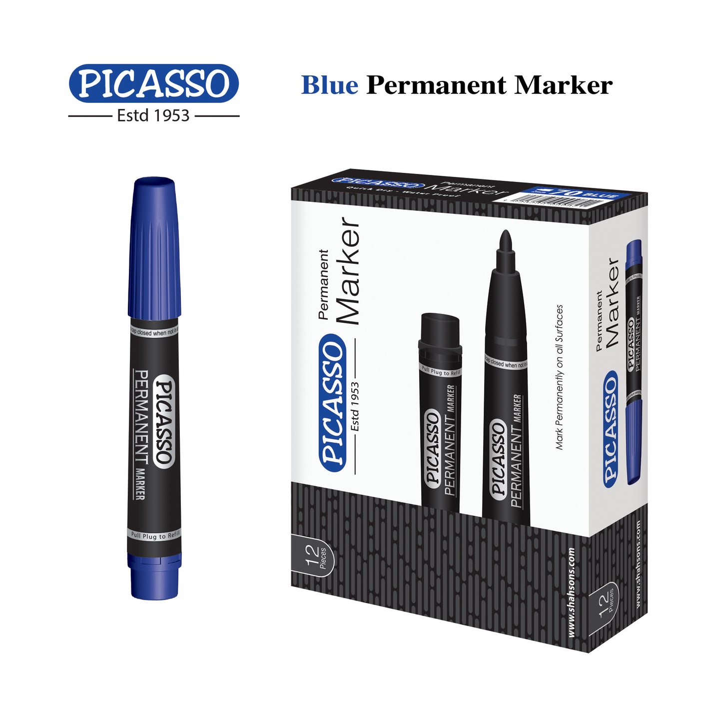 Picasso High Quality White Board Marker 12 Pcs in Cardboard Box - Available in 4 Ink Colours Blue, Black Red and Green