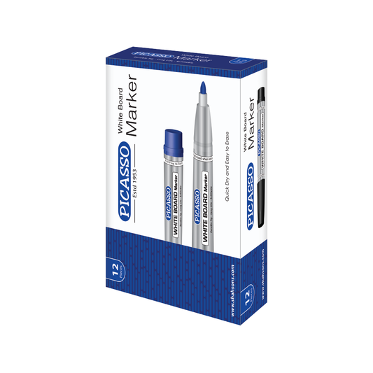Picasso High Quality White Board Marker 12 Pcs in Cardboard Box - Available in 4 Ink Colours Blue, Black Red and Green