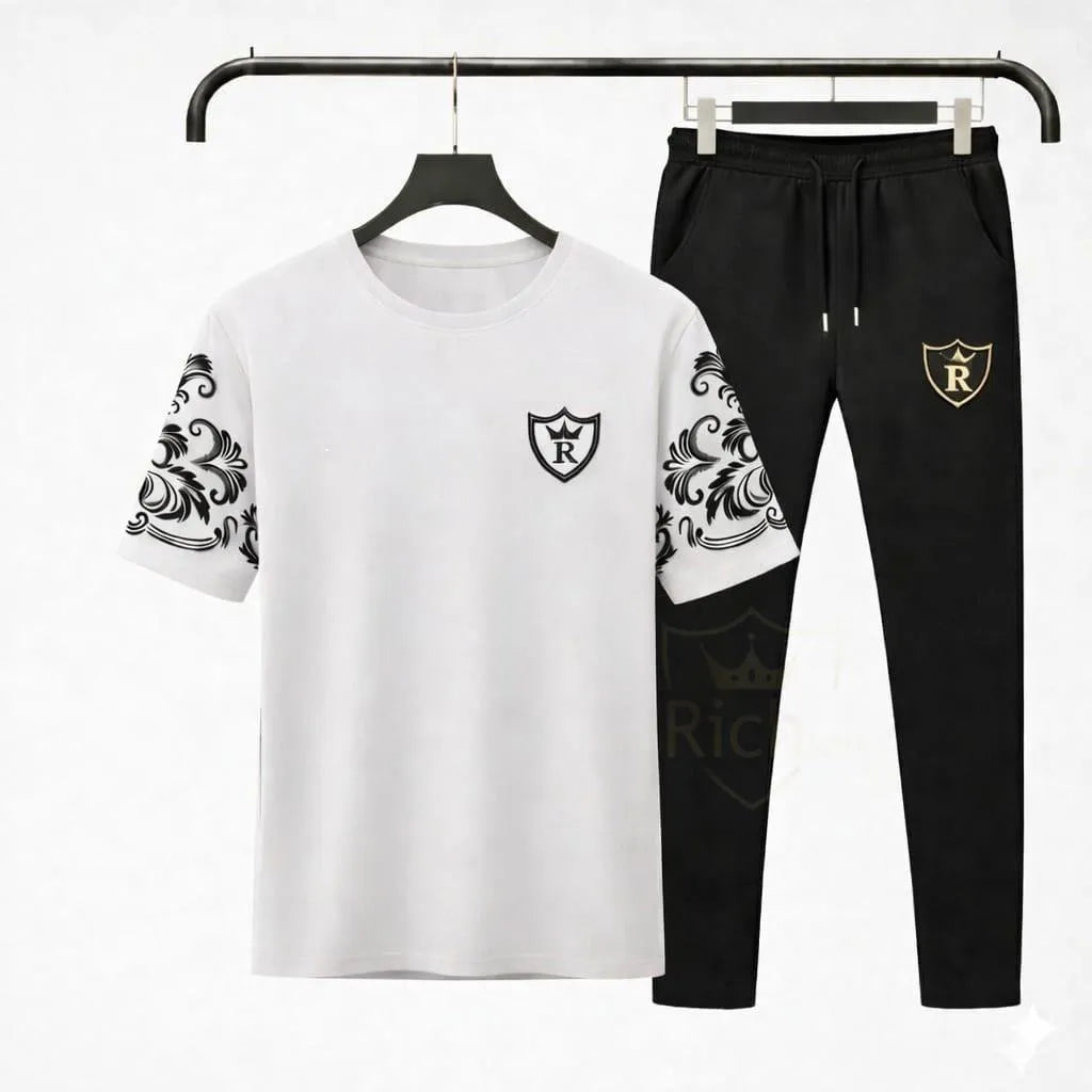 Men Cotton Summer Tracksuit White Black Logo Sleeve