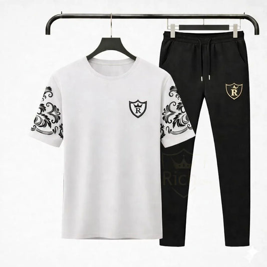 Men Cotton Summer Tracksuit White Black Logo Sleeve