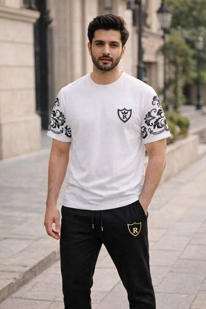 Men Cotton Summer Tracksuit White Black Logo Sleeve
