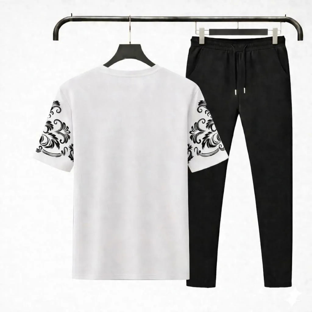 Men Cotton Summer Tracksuit White Black Logo Sleeve