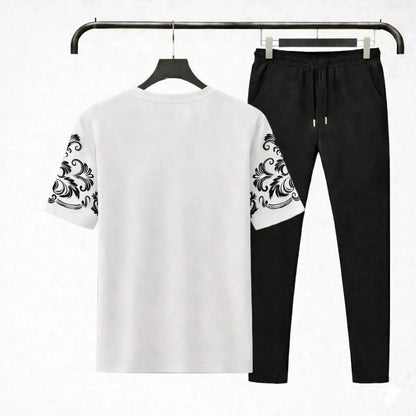 Men Cotton Summer Tracksuit White Black Logo Sleeve
