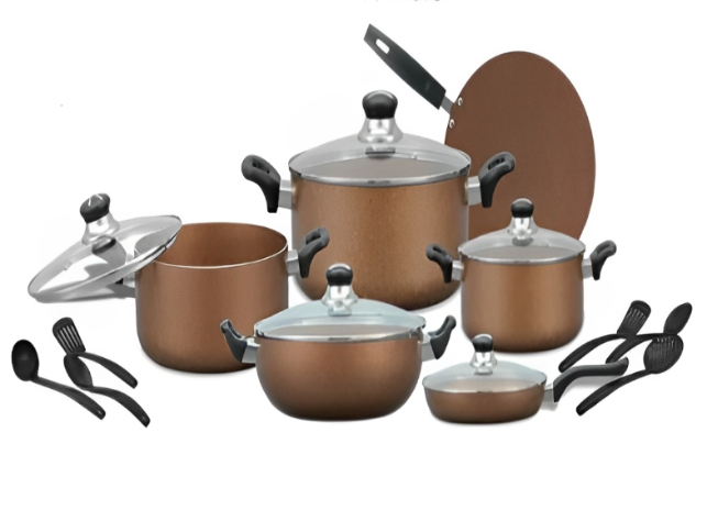 17-Piece Non-Stick Cookware Set with Tempered Glass Lids Brown Finish