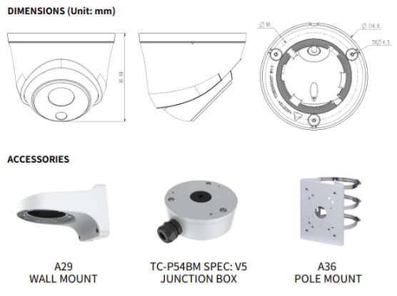 TC-C32HS Spec:I3/E/Y/C/SD/2.8mm/V4.2 Tiandy Superlite Lite Star Turret 2MP Fixed 2.8mm IP66 PoE with DC Cable