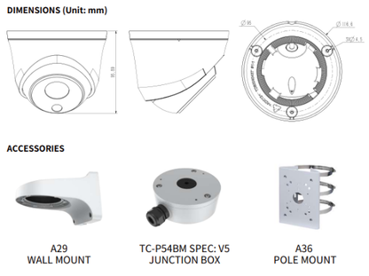 TC-C32HS Spec:I3/E/Y/C/SD/2.8mm/V4.2 Tiandy Superlite Lite Star Turret 2MP Fixed 2.8mm IP66 PoE with DC Cable