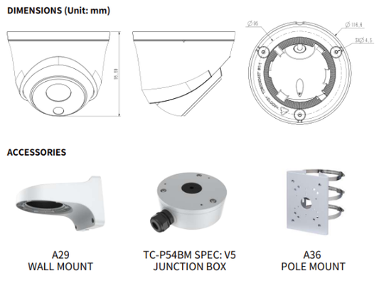 TC-C32HS Spec:I3/E/Y/C/SD/2.8mm/V4.2 Tiandy Superlite Lite Star Turret 2MP Fixed 2.8mm IP66 PoE with DC Cable