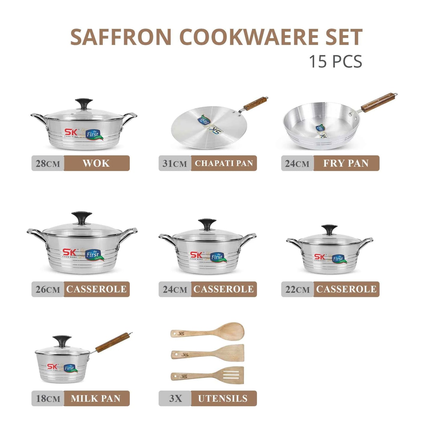 Saffron Gift Pack 15 Pieces Aluminum Cookware Set