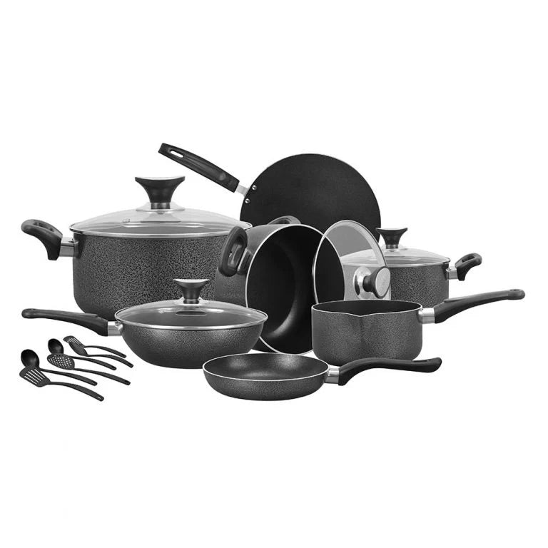 17-Piece Non-Stick Cookware Set Elegant Black Finish with Tempered Glass Lids