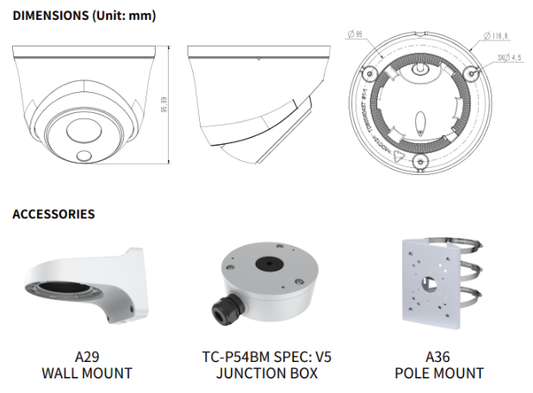 TC-C34HS Spec:I3/E/Y/C/SD/2.8mm/V4.0 Tiandy Superlite Lite Star Turret 4MP