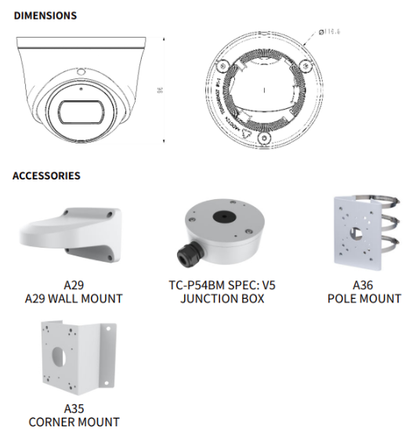 TC-C32XN Spec:I3W/E/Y/2.8mm/V4.2 Tiandy Spark Turret 2MP Fixed 2.8mm