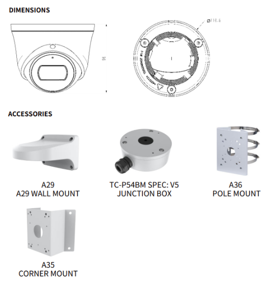 TC-C32XN Spec:I3W/E/Y/2.8mm/V4.2 Tiandy Spark Turret 2MP Fixed 2.8mm