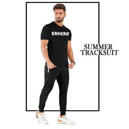 Men Black Cotton Printed Track Suit Slim Fit Summer