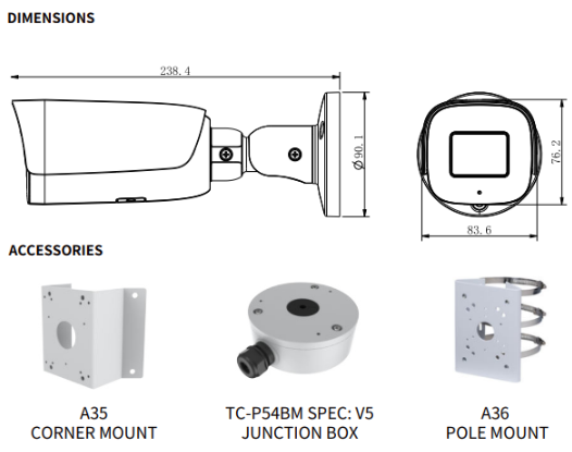 TC-C32UN Spec:I8/A/E/Y/2.8-12mm/V4.2 Tiandy Superlite Bullet 2MP Motorized Lens 2.8-12mm Smart IR, IR Range: 80m Built-in Mic, SD Card Slot, Reset Button ·POE, IP67