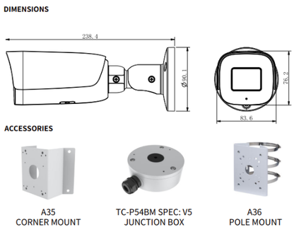 TC-C32UN Spec:I8/A/E/Y/2.8-12mm/V4.2 Tiandy Superlite Bullet 2MP Motorized Lens 2.8-12mm Smart IR, IR Range: 80m Built-in Mic, SD Card Slot, Reset Button ·POE, IP67