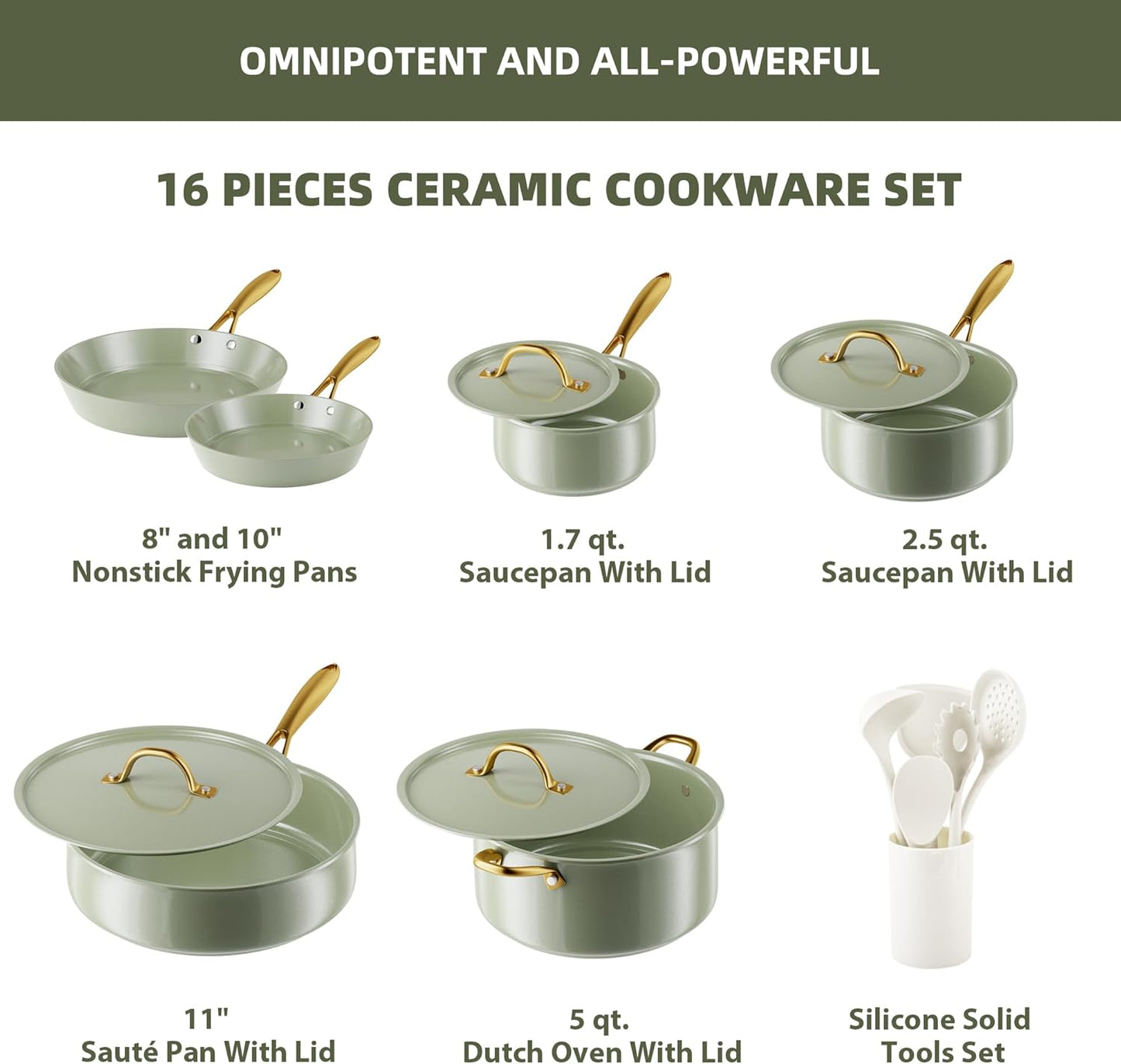 16-Piece VONIKI Ceramic Cookware Set Nonstick, Toxin-Free, Induction & Oven Safe