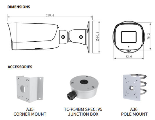 TC-C35US  Spec：  I8/A/E/Y/M/S/H/2.7- 13.5mm/V4.0 Tiandy Pro SMD Bullet 5MP Motorized 2.7-13.5mm