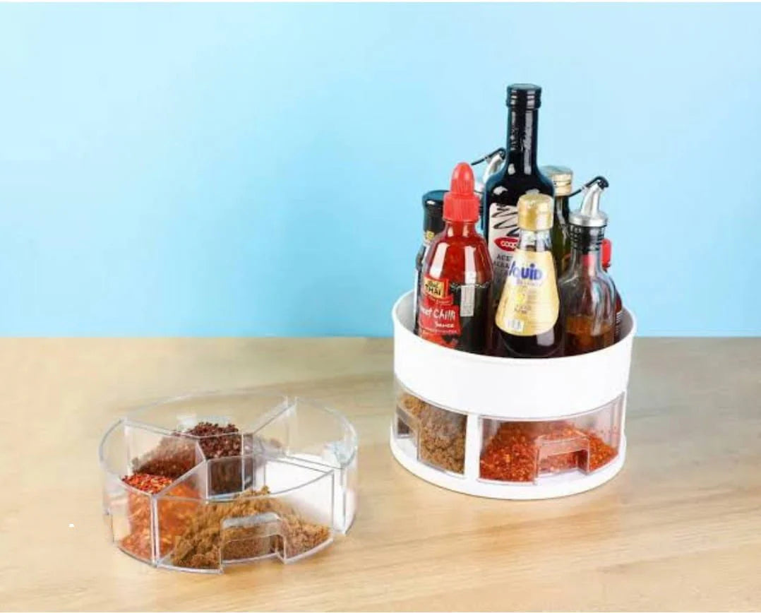 360° Rotating Kitchen Storage Rack Multifunctional Acrylic Spice & Cutlery Organizer with Metal Stand