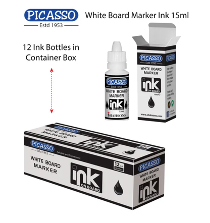 Picasso White Board Marker INK 15ml Bottle – 12 Bottles in Container Box (Available in Black, Blue, Green & Red Ink Shades)