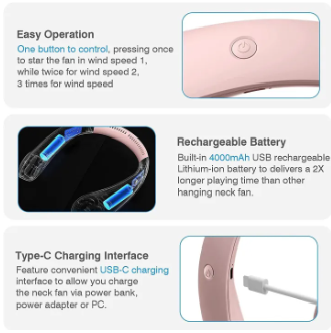 Purilite Select Hanging Neck Fan | Wearable Neckband Fan | USB Rechargeable Portable Cooling Fan | Hands-Free Bladeless Personal Fan