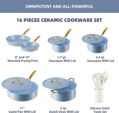 16-Piece VONIKI Ceramic Cookware Set Nonstick, Toxin-Free, Induction & Oven Safe