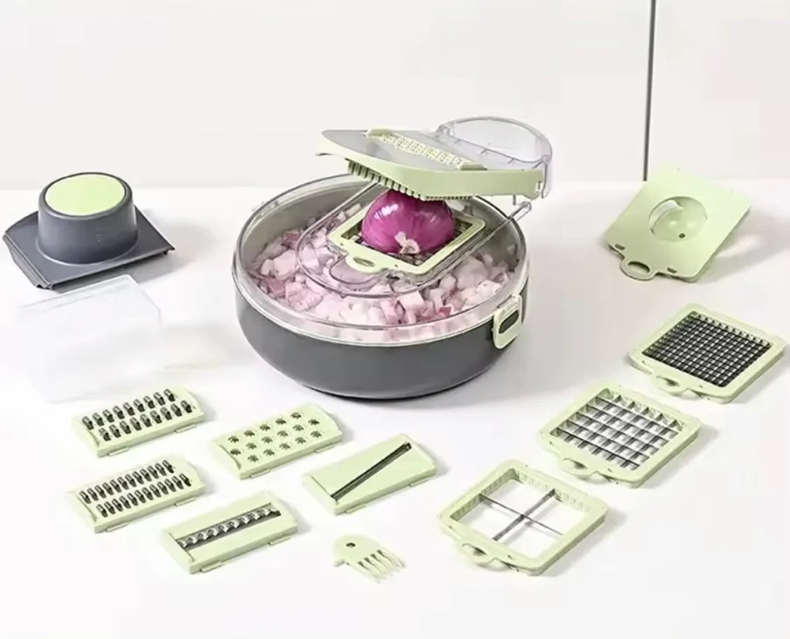 14-in-1 Vegetable Chopper with Draining Basket Manual Food Chopper & Slicer with Stainless Steel Blades