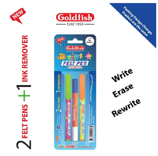 Goldfish Kids Felt Pen with Erasable Blue Ink - (2 Felt Pen with 1 Ink Remover in Blister Pack) - 2 Colourful Blister Packing