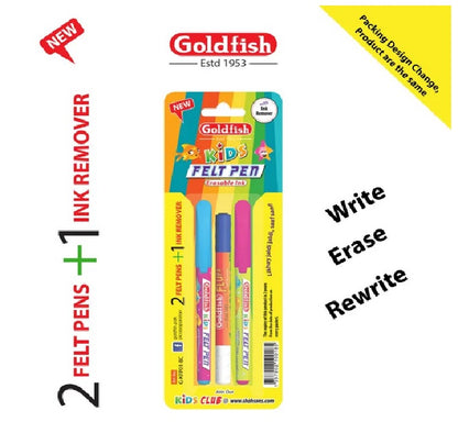 Goldfish Kids Felt Pen with Erasable Blue Ink - (2 Felt Pen with 1 Ink Remover in Blister Pack) - 2 Colourful Blister Packing