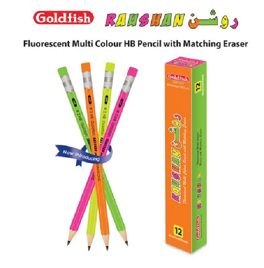 Goldfish Raushan 12 Pcs HB Fluorescent Body Pencils with Matching Eraser