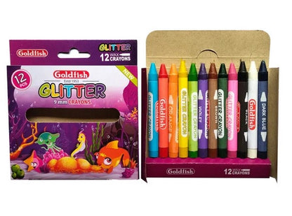Goldfish High Quality Glitter 9mm Wax Crayon 12 Colour in Cardboard Packet (1 Pack)