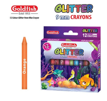 Goldfish High Quality Glitter 9mm Wax Crayon 12 Colour in Cardboard Packet (1 Pack)