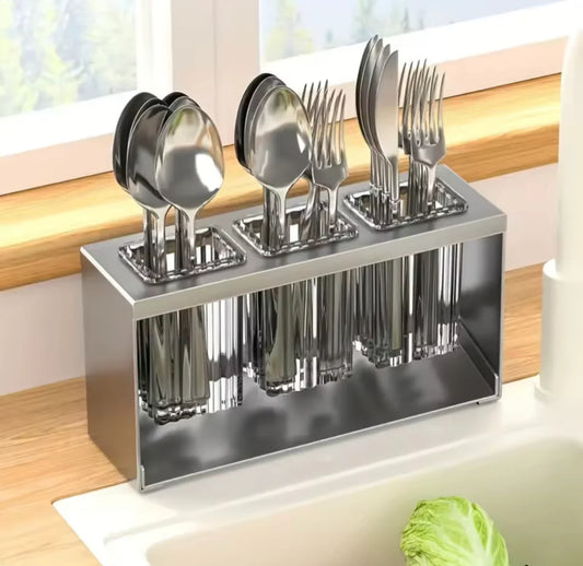 Acrylic Cutlery Holder with Metal Stand Multi-Grid Kitchen Organizer & Makeup Brush Storage Rack
