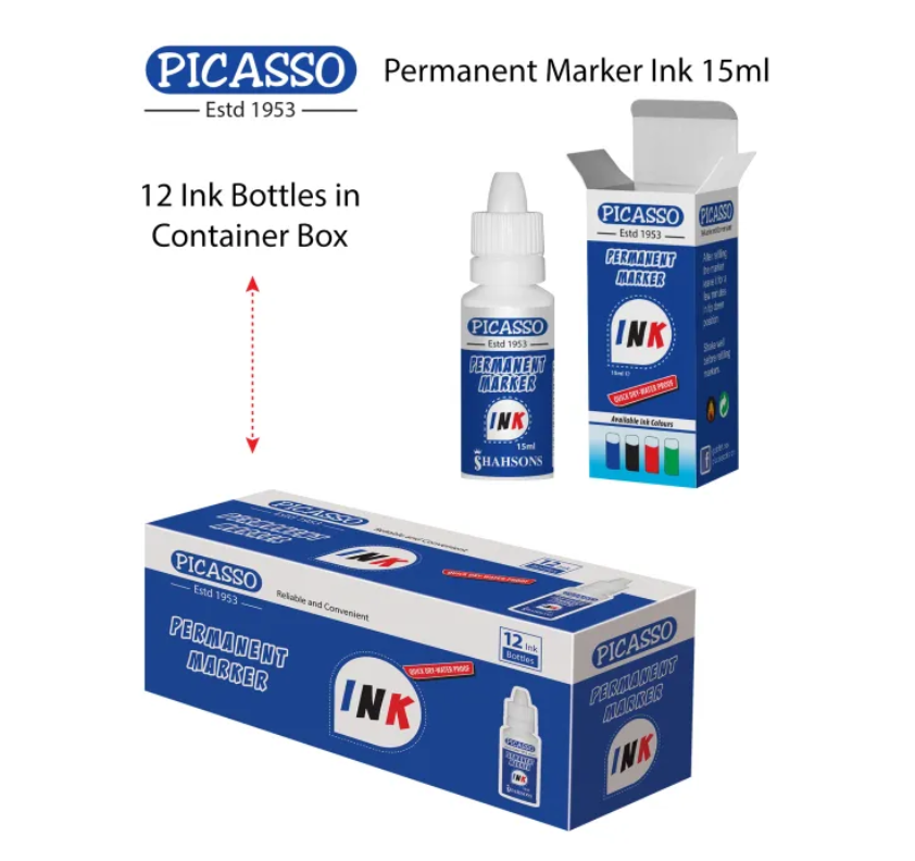 Picasso Permanent Marker INK 15ml Bottle – 12 Bottles in Container Box (Available in Black, Blue, Green & Red Ink Shades)