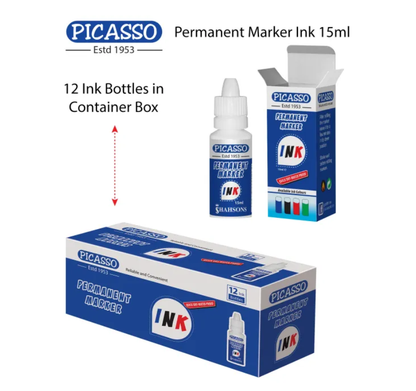 Picasso Permanent Marker INK 15ml Bottle – 12 Bottles in Container Box (Available in Black, Blue, Green & Red Ink Shades)