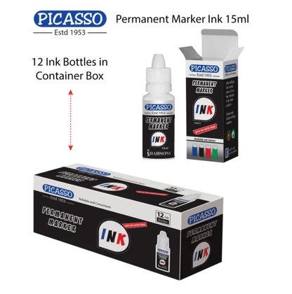 Picasso Permanent Marker INK 15ml Bottle – 12 Bottles in Container Box (Available in Black, Blue, Green & Red Ink Shades)