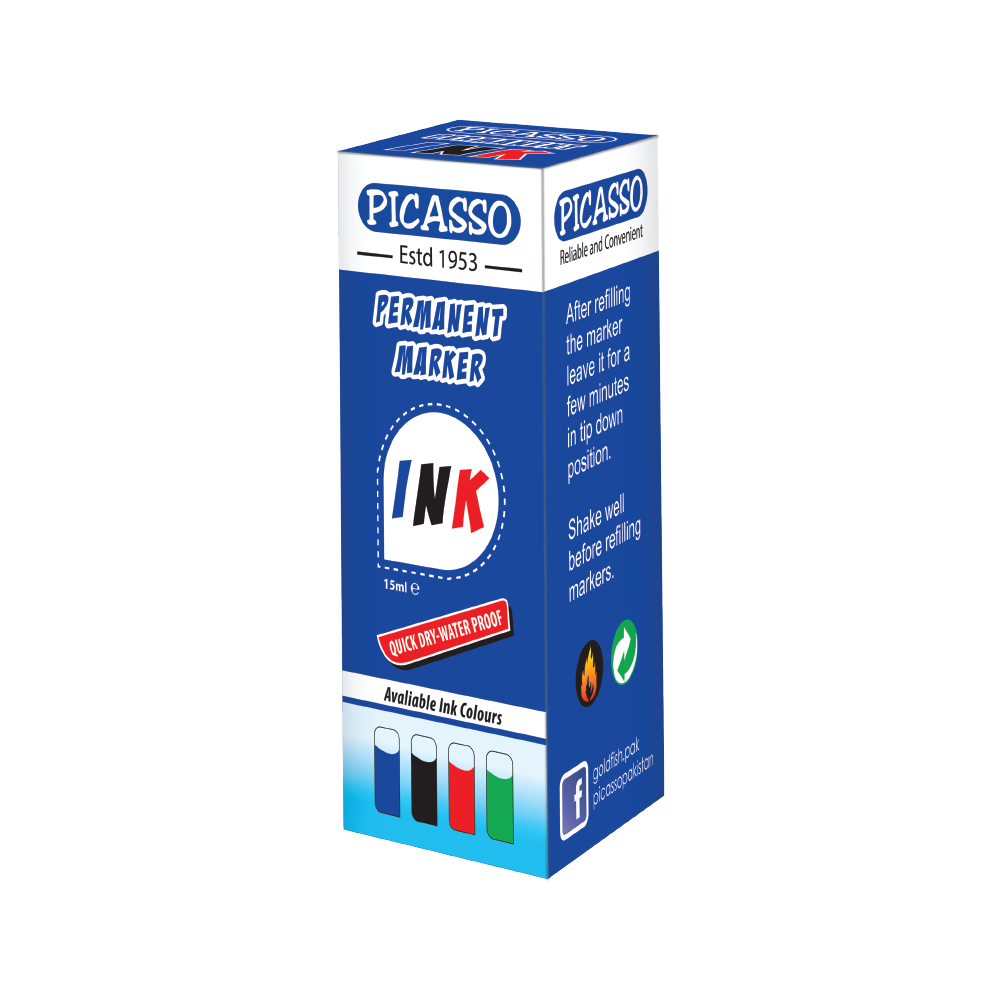 Picasso Permanent Marker INK 15ml Bottle – 12 Bottles in Container Box (Available in Black, Blue, Green & Red Ink Shades)