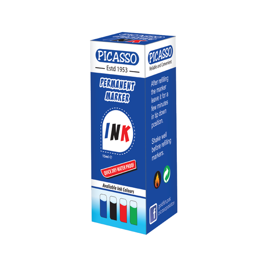 Picasso Permanent Marker INK 15ml Bottle – 12 Bottles in Container Box (Available in Black, Blue, Green & Red Ink Shades)
