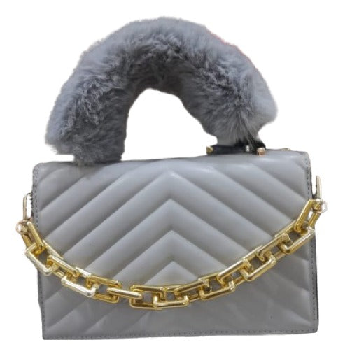 Elegant Ladies Purse with Golden Chain and Fluffy Handle