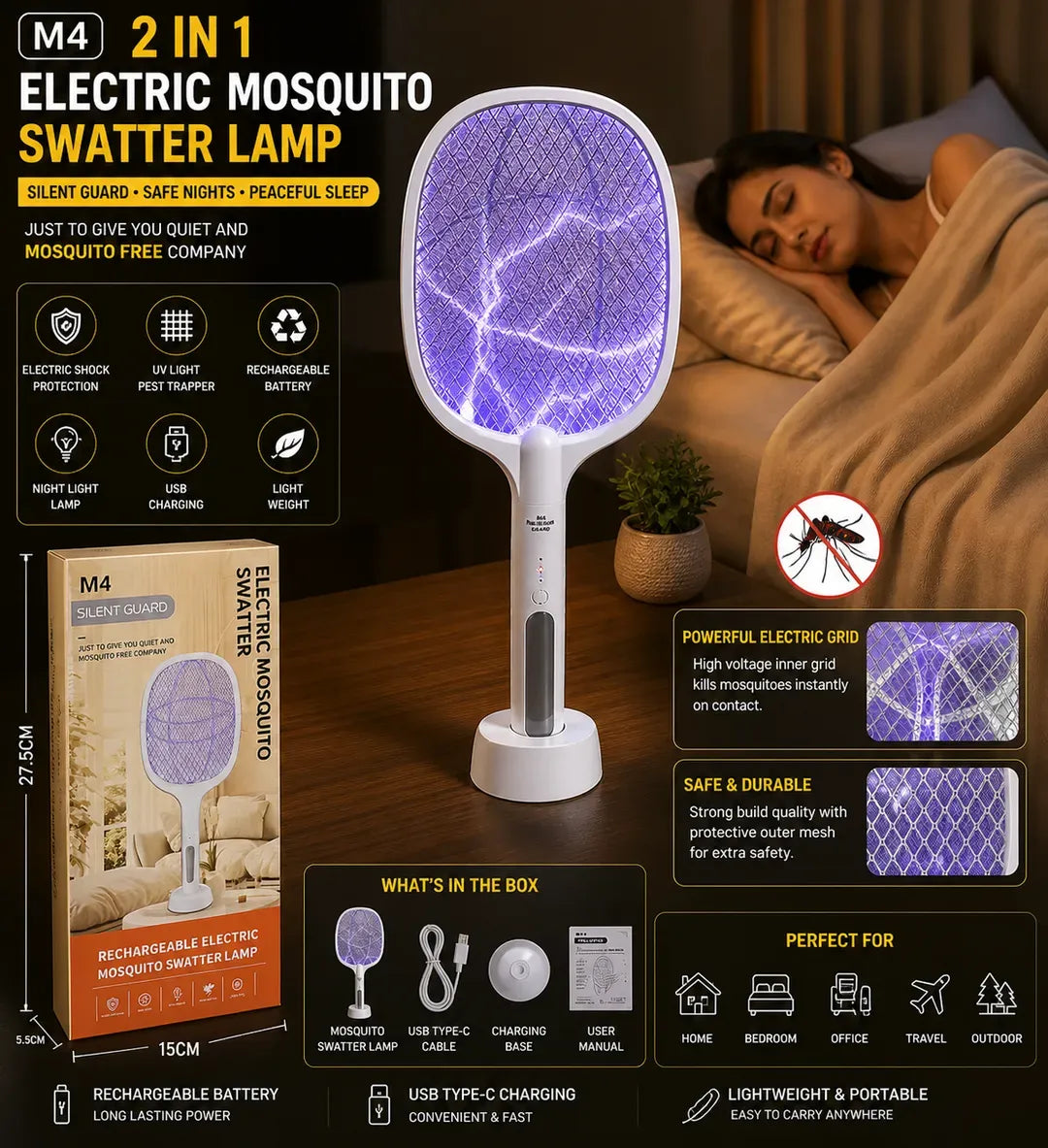 Purilite Select M4 2-in-1 Electric Mosquito Swatter Lamp – Rechargeable UV Killer & Swatter