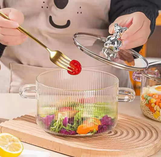Bear Glass Cooking Pot, Large Capacity Heat-Resistant Borosilicate Glass Saucepan with Dual Handles