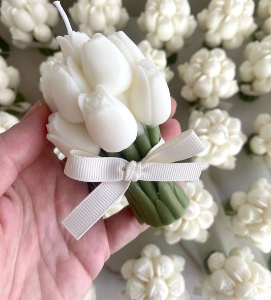 White Tulip Bouquet Candle with Ribbon – Handcrafted Decorative Candle