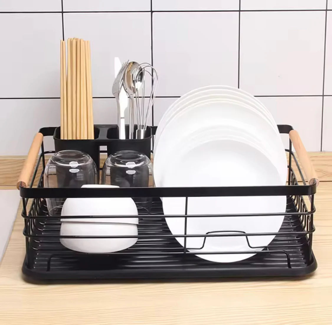 Stainless Steel Kitchen Dish Storage Rack with Wooden Handles and Utensil Holder