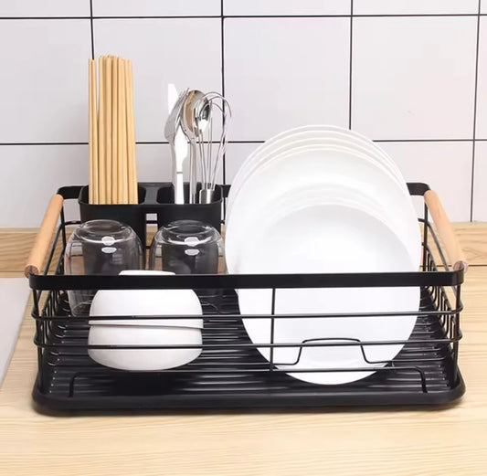 Stainless Steel Kitchen Dish Storage Rack with Wooden Handles and Utensil Holder