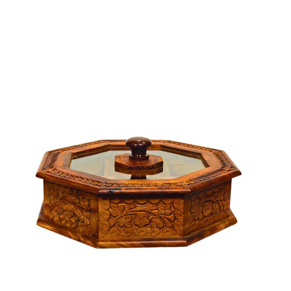 WOODSY Hand-Carved Dry Fruit Pot with Glass Lid