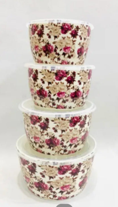 4 Pcs Ceramic Sealed Ware Bowl Set with Plastic Lid Microwave Safe